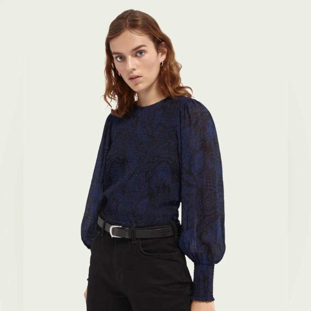 Scotch & Soda Long Sleeve Fitted Top with Smock Detail in Dark Blue and Black